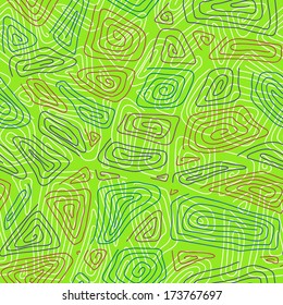 Abstract Hand-drawn Ornamental Pattern. Stylized Seamless texture with swirls and curves. Bright Lime and Orange Pattern for decoration or background.