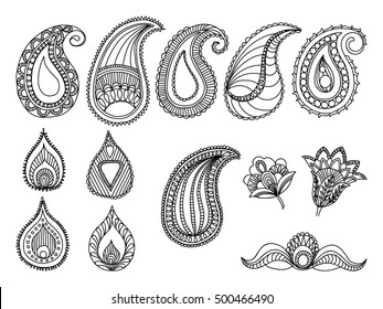 Abstract Hand-Drawn Paisley Pattern design elements. Fabric textile national decorations