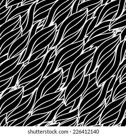 Abstract hand-drawn pattern, black and white leaves background. Monochrome vector illustration.