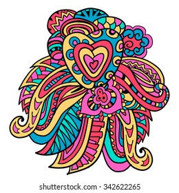 Abstract hand-drawn pattern. Scribble vector background with heart, flower, leaves, wing, feather. Colorful Doodle art.