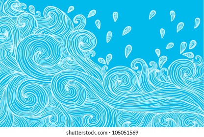 abstract hand-drawn pattern, waves background - blue