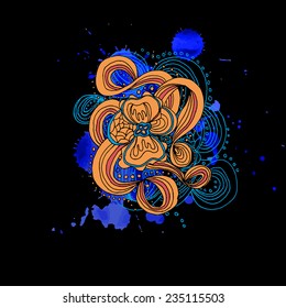 Abstract hand-drawn pattern with waves and clouds. Black background. Can be used for fashion print design