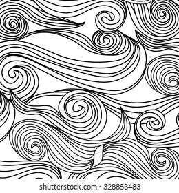 Abstract hand-drawn pattern with waves. Unique coloring book square page for adults. Joy to older children and adult colorists, who like line art and creation. Design vector illustration