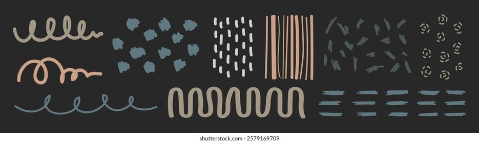 Abstract hand-drawn patterns with swirls, dots, and lines. Patterns include swirls, dots, and lines. Creative swirls, dots, and lines design. Doodle illustrations, vector set.