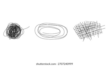 Abstrakter handgezeichneter Scribble-Liniensatz. Chaotische Doodles, wellenförmige Linien, chaotische Skizzenformen und geometrische Scribbles für moderne Designelemente und künstlerische Overlays. Chaotische Doodle Lines, Squiggles Pack.