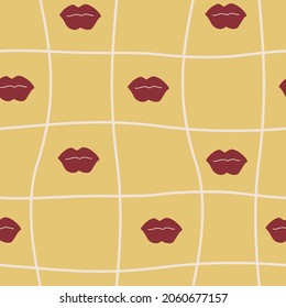 Abstract hand-drawn seamless pattern with curved lines and lips. Golden background with red lips. For prints, backgrounds, wrapping paper, textile, linen, wallpaper, etc. 