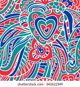 Abstract hand-drawn seamless pattern. Doodle vector background with heart, flower, leaves, wing, feather.