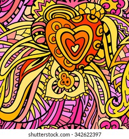 Abstract hand-drawn seamless pattern. Doodle vector background with heart, flower, leaves, wing, feather.