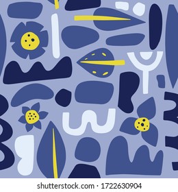 Abstract hand-drawn seamless pattern. Hand drawn various shapes and doodle objects. Vector illustration.