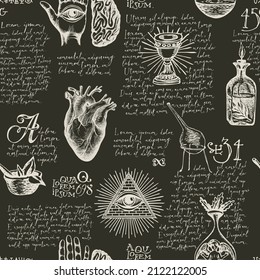 Abstract hand-drawn seamless pattern with sketches and handwritten text lorem ipsum on a black. Chalk drawings. Monochrome vector background on the theme of occultism and witchcraft in vintage style