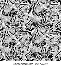 Abstract hand-drawn seamless pattern. Vector Illustration in black and white colors.