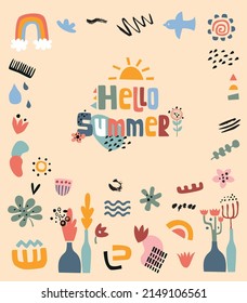 Resumen de formas y letras dibujadas a mano - Tarjeta de verano de Hola