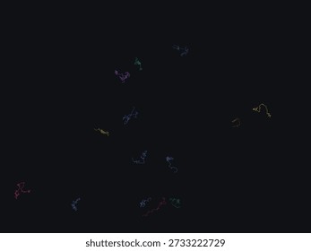 Abstractas Formas dibujadas a mano flotando en un fondo oscuro con motivos de cuadrícula, estilo minimalista con vibrantes acentos multicolores