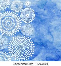 Abstract hand-drawn vector illustration with space for text on blue watercolor background. Can be invitation, greeting card or design element.