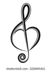 An abstract hand-drawn vector logo and icon for a musical theme flat design template with a treble clef and a heart