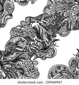 Abstract hand-drawn wave flora doodle pattern