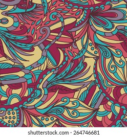 Abstract hand-drawn wave flora doodle pattern