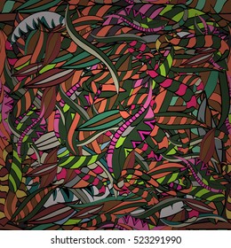 Abstract hand-drawn waves pattern, wavy background. Red, orange, pink, green, beige. Dim.