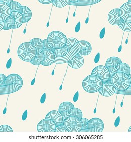 Abstract hand-drawn wavy cloud with raindrops. Vector seamless pattern. Can be used for textile design, web page background, surface textures, wallpaper