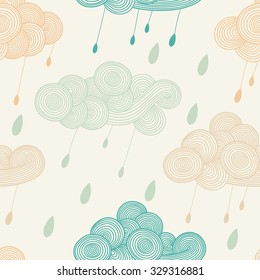 Abstract hand-drawn wavy cloud with raindrops. Vector seamless pattern. Can be used for textile design, web page background, surface textures, wallpaper