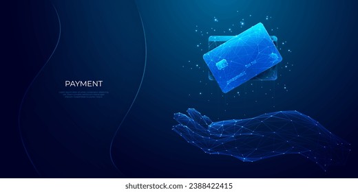 Abstract hand-holding bank card hologram on technology dark background. Digital money and finance concept. Debit and credit plastic payment cards. Low poly wireframe light blue vector illustration. 