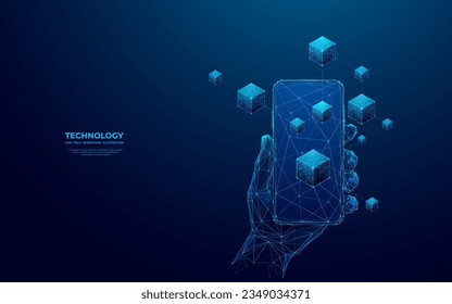 Abstract hand-holding phone with blockchain on an empty screen. Digital linked blocks hologram on modern smartphone. Metaverse or cryptocurrency concept. Low poly wireframe vector illustration.