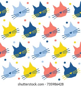 Abstract handmade cat head seamless pattern background. Childish handcrafted cat wallpaper for design card, baby nappy, winter menu, holiday wrapping paper, bag print, t shirt etc.