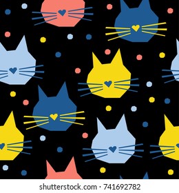 Abstract handmade cat head seamless pattern background. Childish handcrafted cat wallpaper for design card, baby nappy, winter menu, holiday wrapping paper, bag print, t shirt etc.