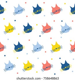 Abstract handmade cat head seamless pattern background. Childish handcrafted cat wallpaper for design card, baby nappy, winter menu, holiday wrapping paper, bag print, t shirt etc.