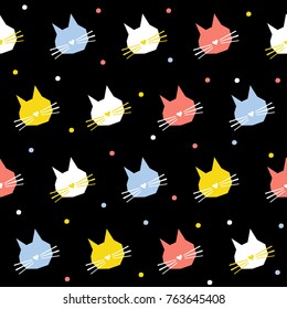 Abstract handmade cat head seamless pattern background. Childish handcrafted cat wallpaper for design card, baby nappy, winter menu, holiday wrapping paper, bag print, t shirt etc.