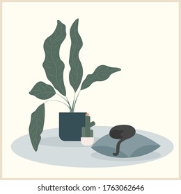 Abstract handmade cat, pillow and plant illustration. Hand drawn interior for use in design for home prints, flower shop decor, wallpaper, bag or t-shirt print etc.