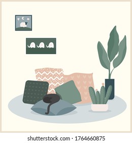 Abstract handmade cat, pillow and plant illustration. Hand drawn interior for use in design for home prints, flower shop decor, wallpaper, bag or t-shirt print etc.