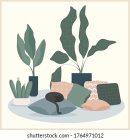Abstract handmade cat, pillow and plant illustration. Hand drawn interior for use in design for home prints, flower shop decor, wallpaper, bag or t-shirt print etc.