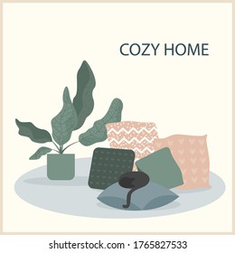 Abstract handmade cat, pillow and plant illustration. Hand drawn interior for use in design for home prints, flower shop decor, wallpaper, bag or t-shirt print etc.