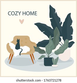 Abstract handmade cat and  plant illustration. Hand drawncat and plant picture for use in design for home interior prints, flower shop decor, wallpaper, bag or t-shirt print etc.
