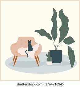 Abstract handmade cat and  plant illustration. Hand drawncat and plant picture for use in design for home interior prints, flower shop decor, wallpaper, bag or t-shirt print etc.