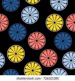 Abstract handmade citrus rounds seamless pattern background. Childish handcrafted wallpaper for design card, baby nappy, diaper, cafe menu, holiday wrapping paper, bag print, t shirt etc.