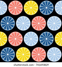 Abstract handmade citrus rounds seamless pattern background. Childish handcrafted wallpaper for design card, baby nappy, diaper, cafe menu, holiday wrapping paper, bag print, t shirt etc.