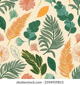 Abstract Handmade Crafted Tropical seamless pattern with leaves and plants on white background, for gift wrap and wallpaper