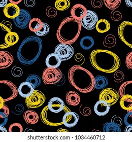 Abstract handmade doodle circle seamless pattern background. Childish handcrafted wallpaper for design card, baby nappy, diaper, scrapbook, holiday wrapping paper, textile, bag print, t shirt etc.