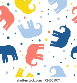 Abstract Handmade Elephant Seamless Pattern Background. Childish Handcrafted Wallpaper For Design Card, Baby Diaper, Scrapbook, Holiday Wrapping Paper, Textile, Bag Print, T Shirt Etc.