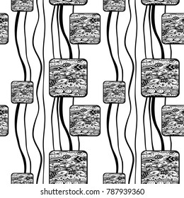 Abstract handmade Ethno Zen tangle  seamless pattern   black on white for coloring page, or adult relax coloring book or for decoration package or for wallpaper and other things
