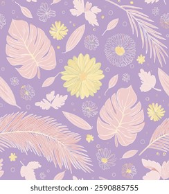 Abstract Handmade Floral and botanical pattern in pastel shades on purple background, for gift wrap and wallpaper