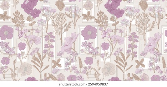 Abstract Handmade Floral pattern wallpaper with purple and beige elements, for gift wrap and wallpaper
