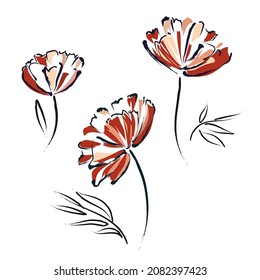 Abstrakte handgemachte Blumen und Blätter. Botanische Objekte für Blumendesign. Skizzenhafte Zeichnung mit schwarzen Umrissen und roten Strichen. Moderner Stil. Vektorgrafik einzeln auf weißem Hintergrund.