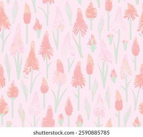 Abstract Handmade pastel pink background is filled with pattern of soft coral-colored flower spikes and subtle green stems, for gift wrap and wallpaper