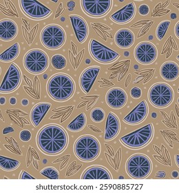 Abstract Handmade pattern of blue citrus fruit slices and leaves on brown background, for gift wrap and wallpaper