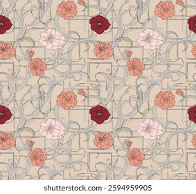 Abstract Handmade repeating floral pattern with red, pink, and light orange flowers on beige background with faint geometric shapes and swirling lines, for gift wrap and wallpaper