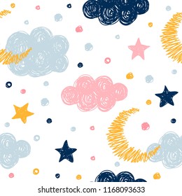 Abstract Handmade Seamless Pattern Background. Childish Handcrafted Wallpaper For Design Card, Baby Nappy, Diaper, Scrapbook, Holiday Wrapping Paper, Textile, Bag Print, T Shirt Etc.