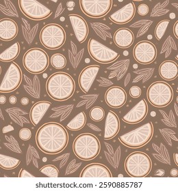 Abstract Handmade Seamless pattern of sliced oranges and leaves on brown background, for gift wrap and wallpaper